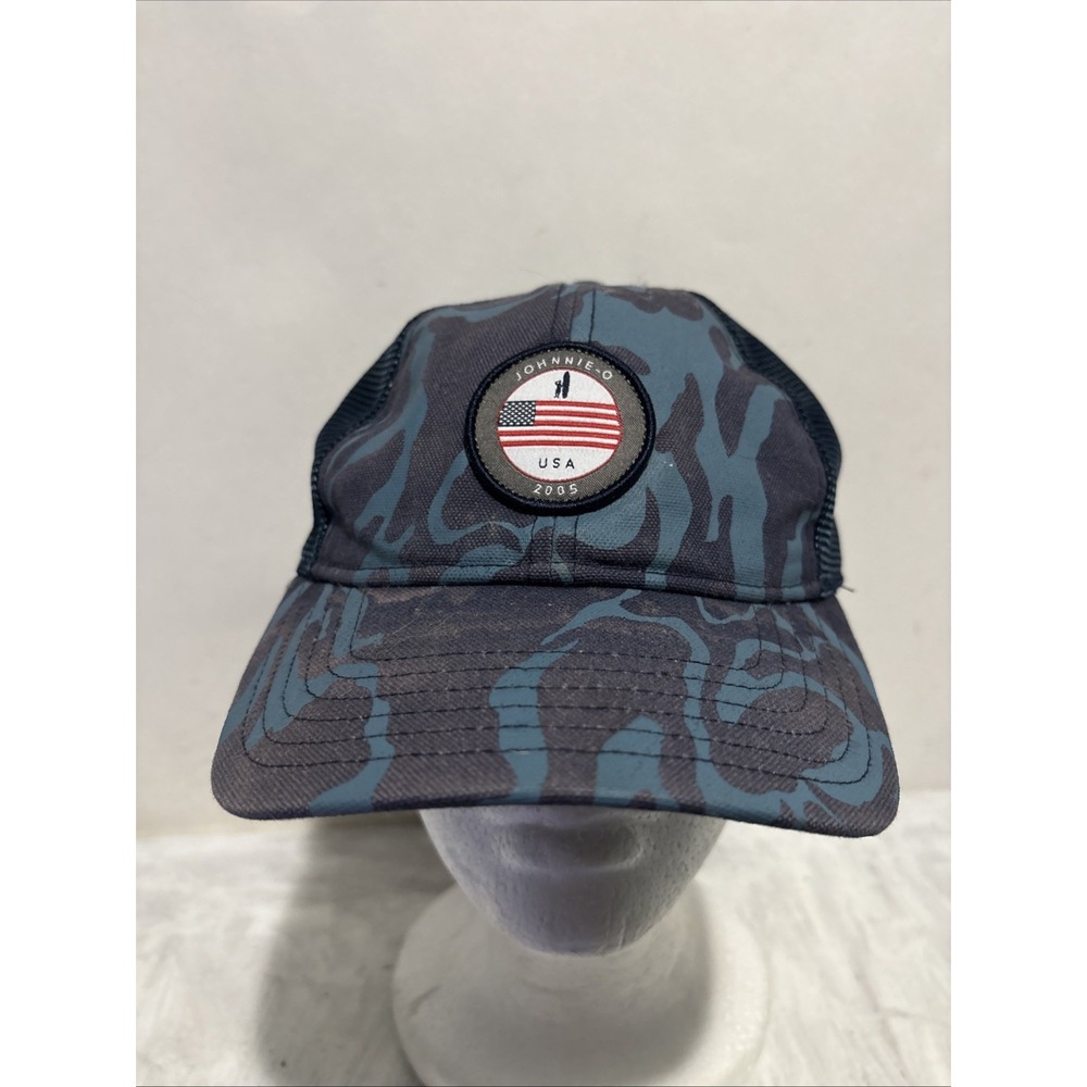 Johnnie-O Mens USA Flag Surfer Patch Camo Trucker Snapback Hat Blue Navy